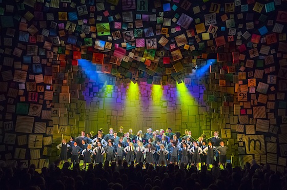 Tim & Dennis Kelly join the Sydney Opening Night curtain call in the Matilda pose. Photo by James Morgan