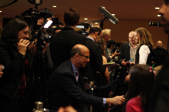 Opening night on Broadway. Dennis Kelly and Tim answer to the press. Photo by Ellie Kurttz